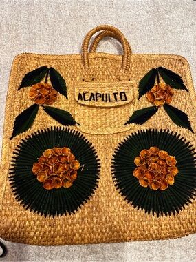 Acapulco Woven Straw Tote with Green Leaf and Orange Flower Embellishments